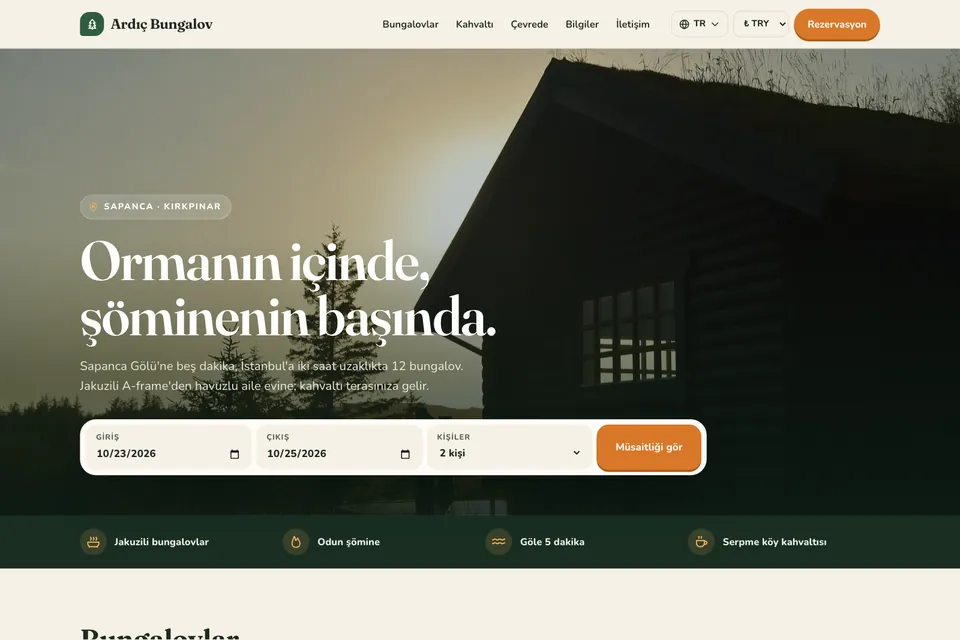 Ardıç Bungalov örnek temasının ana sayfası