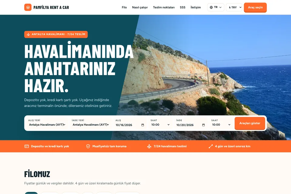 Pamfilya Rent a Car örnek temasının ana sayfası